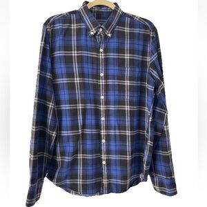 J. Crew Mens Blue, Black, White Plaid Midweight Cotton Flannel Shirt, Medium